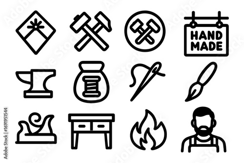 Crafting icons: tools and handmade symbol collection in line art style