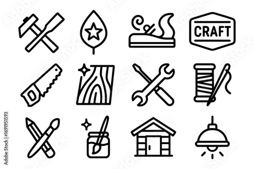 Handcrafted icons set featuring tools, craftsmanship symbols, and diy elements in bold outline style