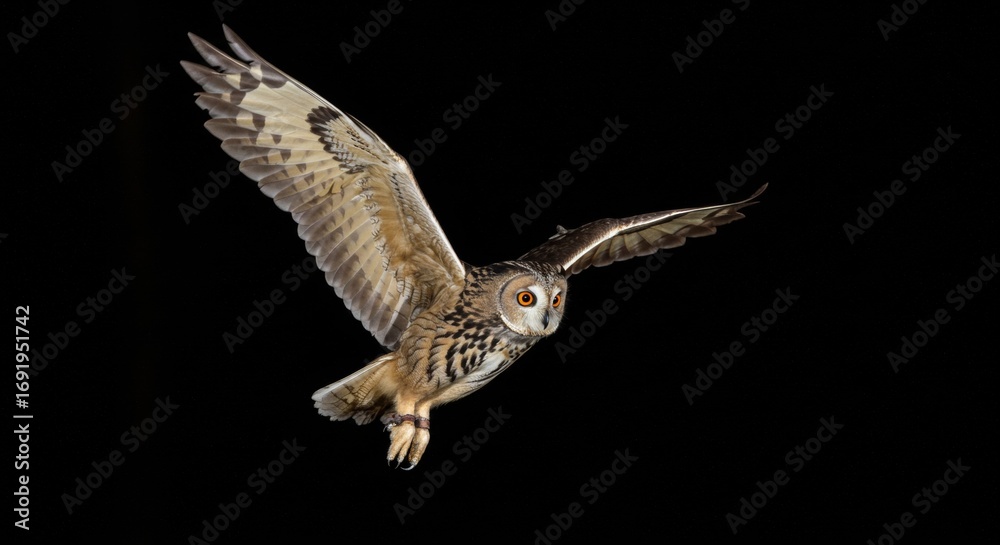Fototapeta premium Majestic Owl in Flight, A Striking Portrait Against a Black Background