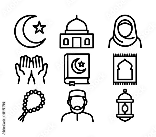 Minimalist islamic icons set featuring mosque, crescent moon, prayer rug, and more