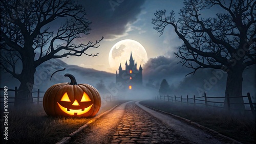 Dark foggy autumn landscape with glowing carved jack-o-lantern on dirt road, eerie old castle in background, bare trees under moonlight, moody dramatic Halloween atmosphere 
