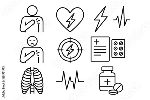 Heart attack symptoms and treatment icons in linear style