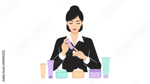 Elegant woman with dark hair styled up applying makeup with a brush surrounded by various skincare and cosmetic products on a white background