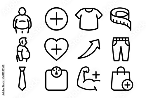 Linear style fitness and health icons featuring weight loss and exercise symbols