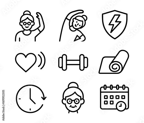 Health and wellness icons - fitness, yoga, and nutrition symbols in linear style