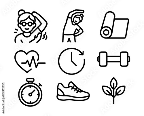 Minimalist fitness icons: exercise, health, and wellness in simple line art
