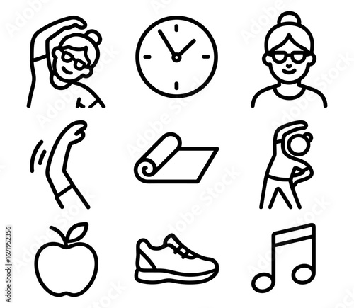 Minimalist wellness icons: exercise, nutrition, and relaxation