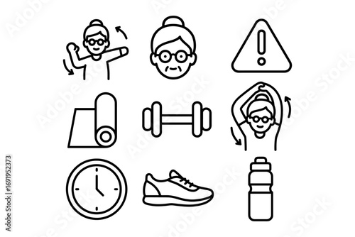 Active senior fitness icons in linear style for wellness and health