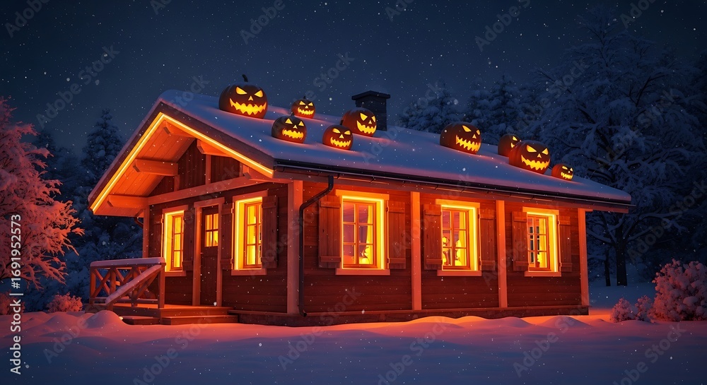 Fototapeta premium Festive Halloween Cabin Illuminated Underneath a Snowy Winter Sky