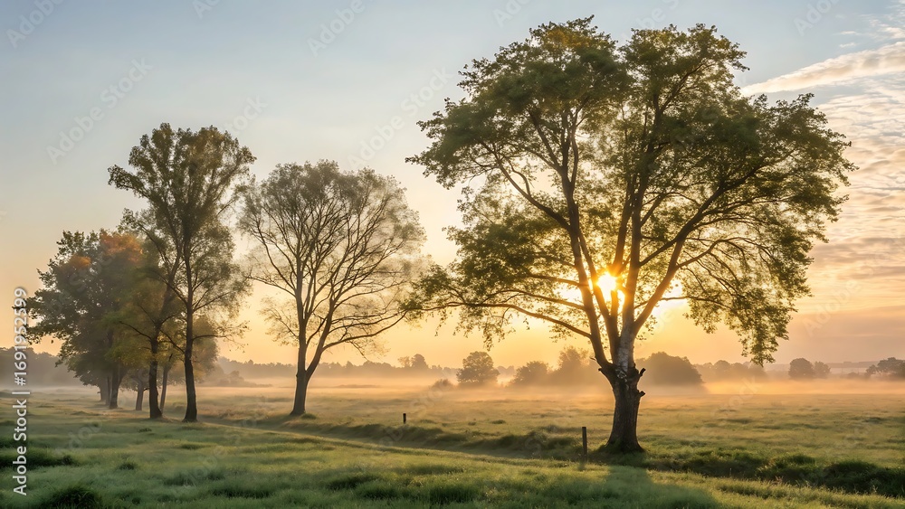 Fototapeta premium An autumn morning silhouette of lonely trees at sunrise, with a light fog over a rural field and mountains on the horizon