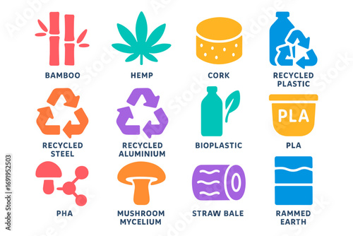 Colorful icons representing eco-friendly materials and sustainable solutions