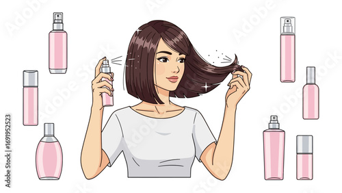 Young woman with short brown hair applying hairspray from a pink bottle surrounded by various pink beauty product bottles and sprays