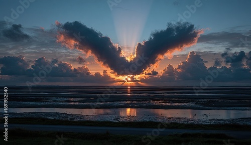 Sunset over a tranquil coastal plain, clouds forming a majestic bird-like shape