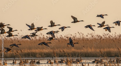 A breathtaking view of migrating birds soaring gracefully across the sky during sunset