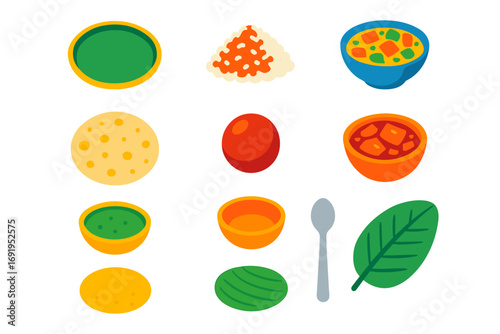 Colorful flat design indian cuisine icons: dishes, ingredients, and utensils