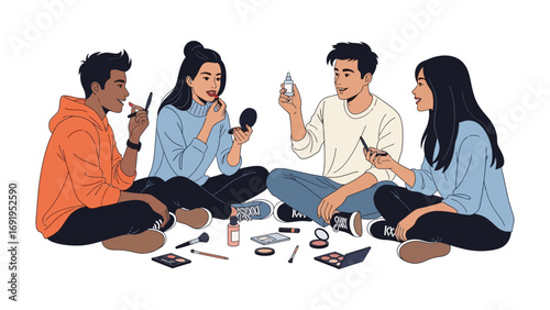 Diverse group of young adults applying makeup together in a casual setting sharing beauty products and enjoying friendship and self expression