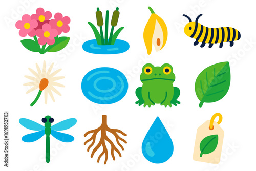Colorful nature icons: flowers, animals, leaves, and water elements