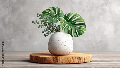 White vase, lush greenery, wooden platter