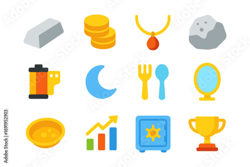 Colorful flat icon set featuring everyday objects and symbols