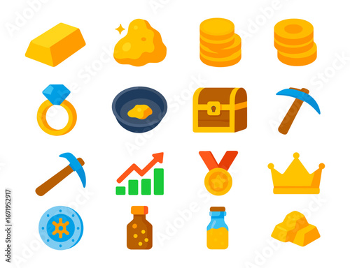 Collection of flat icons featuring gold, coins, tools, and treasures for gaming