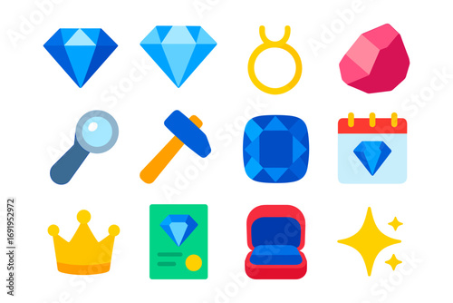 Flat colorful jewelry icons featuring diamonds, rings, and crowns