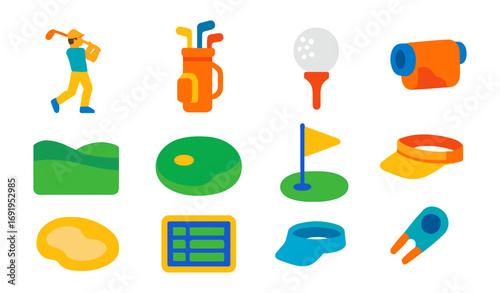 Colorful golf icons collection: clubs, balls, course elements and accessories