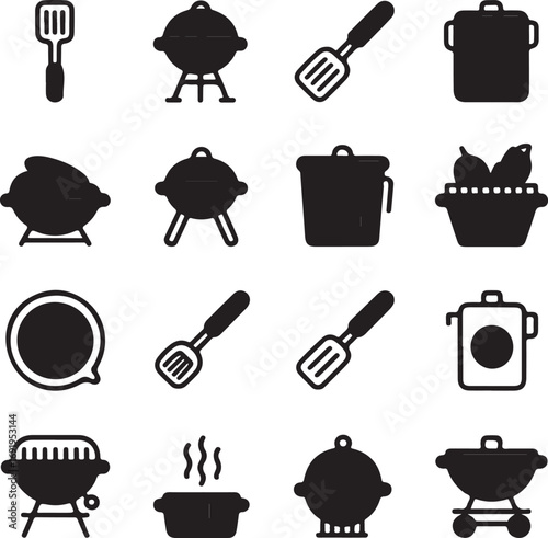 Set of 16 black silhouette icons for grilling and barbecue collection