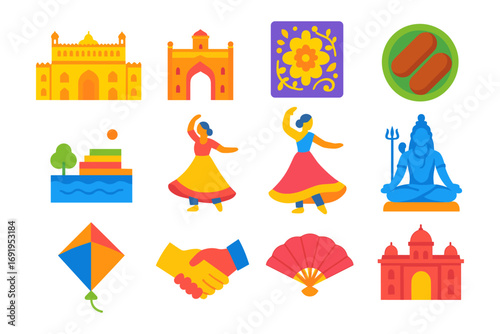 Colorful indian cultural icons featuring dancers, temples, and traditional art