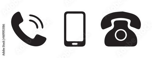 Set of Phone Call, Smartphone, and Landline Phone Icons in Flat Design