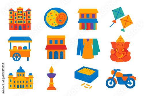Colorful indian culture icons featuring food, architecture, and traditions in flat style