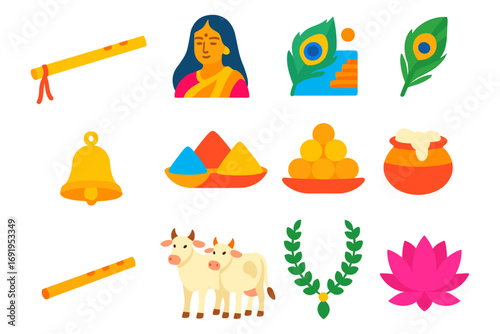 Colorful indian culture icons: festivals, traditions, symbols, and spirituality in flat design