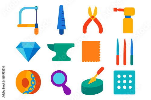 Colorful tool and craft icon set featuring flat design elements