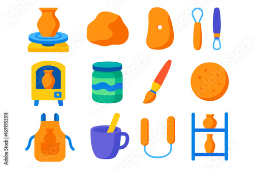 Pottery art elements with tools and equipment in a bright flat design