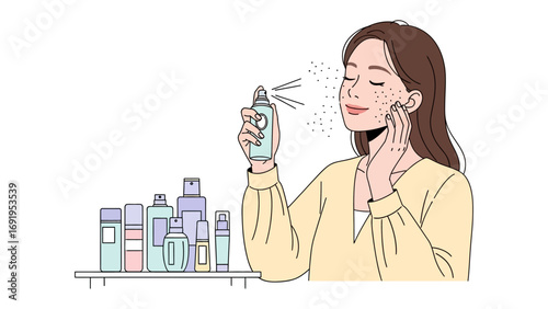 Young woman applying facial mist spray from a bottle to her face for skincare and beauty routine with collection of cosmetic products on shelf