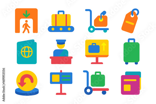 Colorful travel icons set featuring luggage, airport signs, and customs illustrations