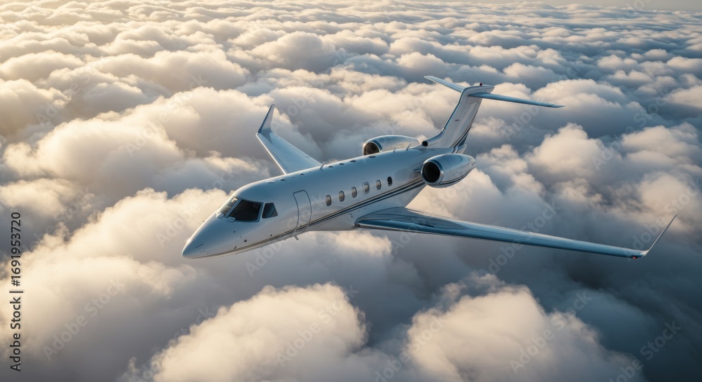 Obraz premium Luxurious Private Jet Flying High Above the Clouds at Sunset View