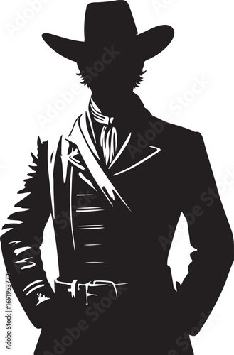 The image is a stylized black and white silhouette of a person wearing a cowboy hat and a long coat, hands in pockets, possibly suggesting a gunslinger or western character.