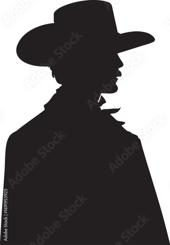 This image is a black silhouette of a person wearing a large-brimmed hat, possibly a cowboy hat, facing to the right, suggesting a mysterious or stoic figure.