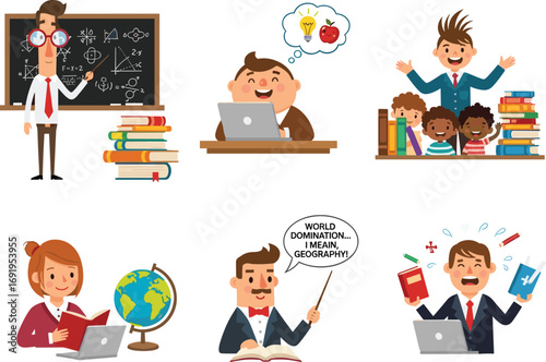 Cartoon Teachers, Classroom, Students, Education, Math, Geography, Learning, Books, Teacher with Pointer, Study, Classroom Fun, Teaching Kids, Online Learning, School Humo