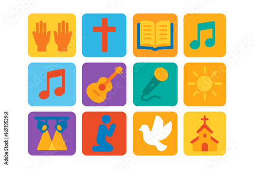 Colorful religious and musical icons set for creative use in various projects