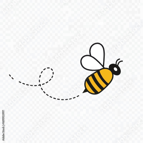 Cartoon bee flying with dotted trail simple illustration.