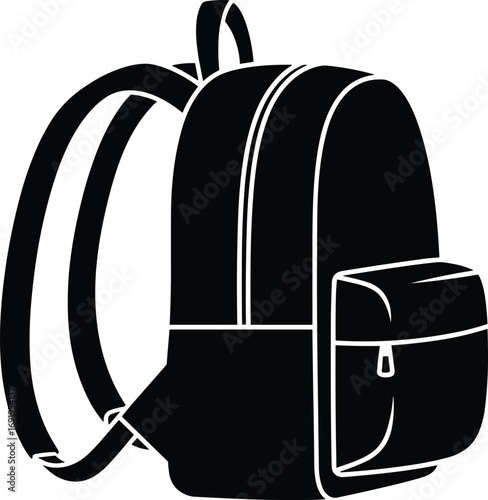 Black and white backpack silhouette vector illustration, school bag icon, travel gear symbol, outdoor equipment design, simple rucksack with straps and zipper pockets