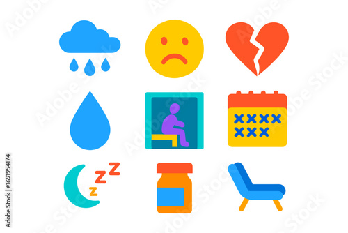 Colorful icons of emotions and everyday objects in flat design