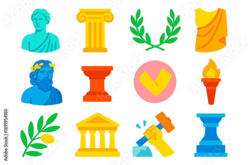 Ancient greek icons set: gods, columns, olive branch, torch in vibrant flat design