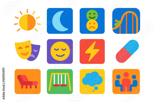 Colorful collection of flat style icons for activities and emotions