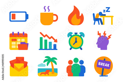 Colorful flat icons for productivity and relaxation themes