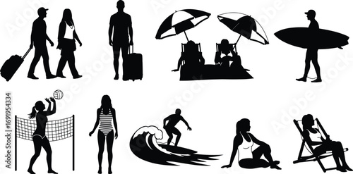 Beach activities silhouettes set, vector illustration of people traveling, relaxing, surfing, playing volleyball, and sunbathing, summer vacation and seaside leisure icons