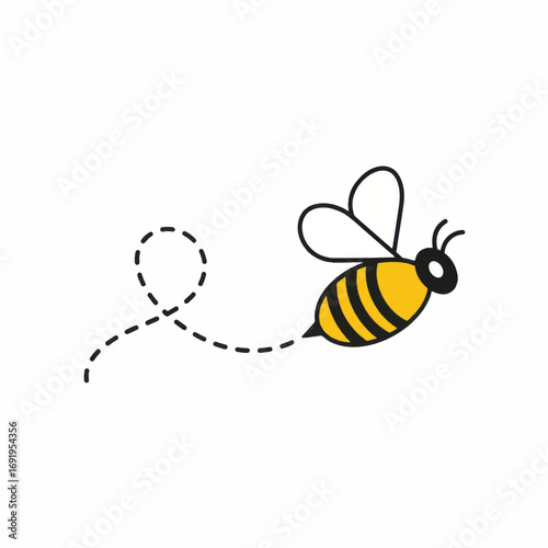 Cute cartoon bee flying with a dotted line path illustration.
