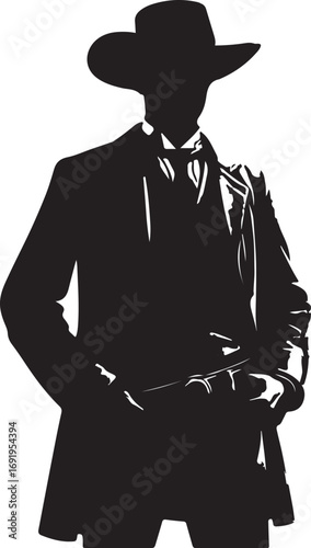 The image is a stylized black and white silhouette of a man wearing a suit and a wide-brimmed hat, suggestive of a gunslinger from a Western film, standing with his hands near his gun belt.