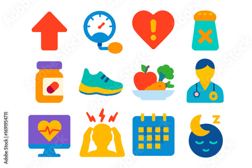 Colorful health and wellness icons featuring diet, fitness, and mental wellbeing